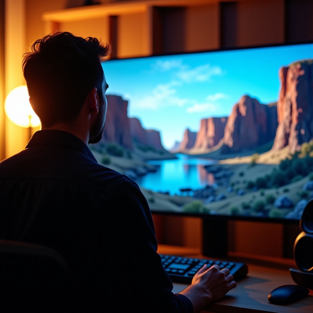 A professional film director looking at a large digital screen displaying AI-generated cinematic scenes, creative studio environment, modern equipment, warm cinematic lighting, 4:3