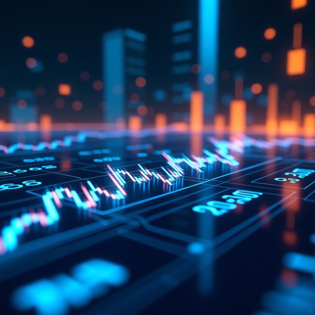 A high-tech digital interface showing complex data visualizations of prediction markets with glowing blue and orange lines reflecting trading activity in a modern setting. 1:1