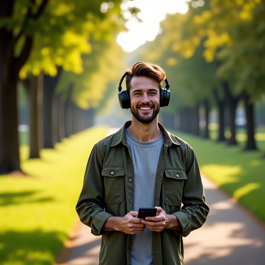 A lifestyle photograph of a person in their 30s walking through a lush green park wearing high-quality wireless headphones and holding a smartphone. Natural sunlight, warm tones, and a relaxed atmosphere. 4:3