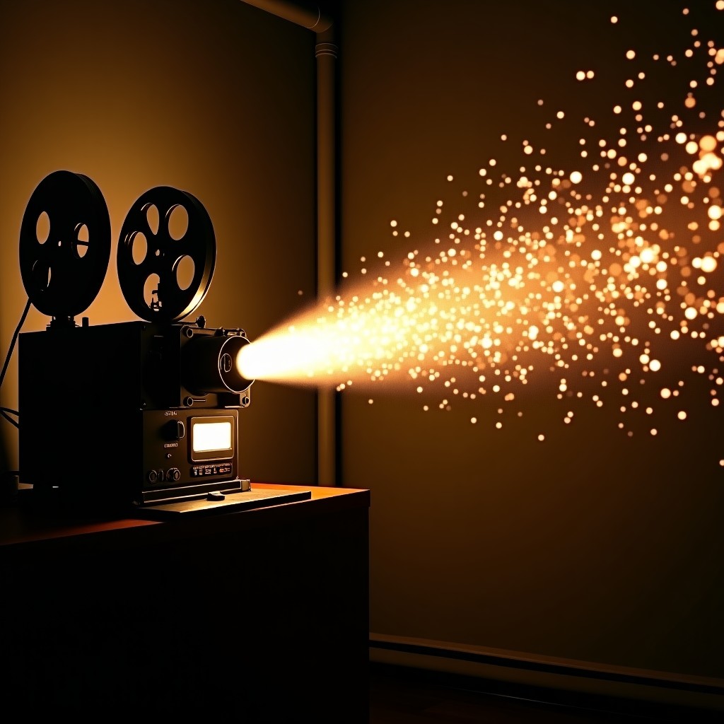 A vintage 1940s film projector in a dark room with digital glowing particles and data streams emerging from the lens instead of light. Cinematic atmosphere, high contrast, 4:3.