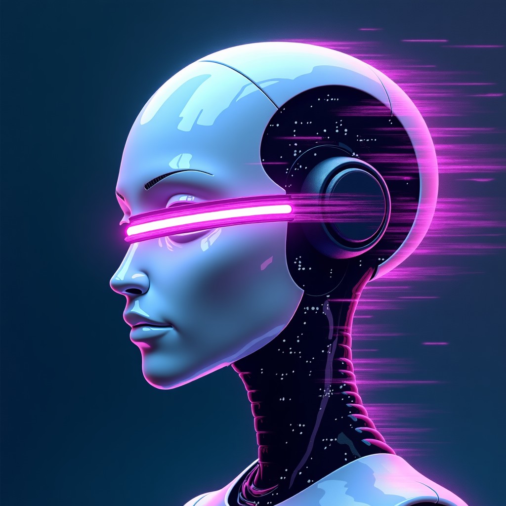 Digital illustration of a glitching robotic face with abstract purple and blue light streaks. The visual represents technical difficulties and internal friction within an AI system. Artistic and textured background with a sense of digital instability. 4:3