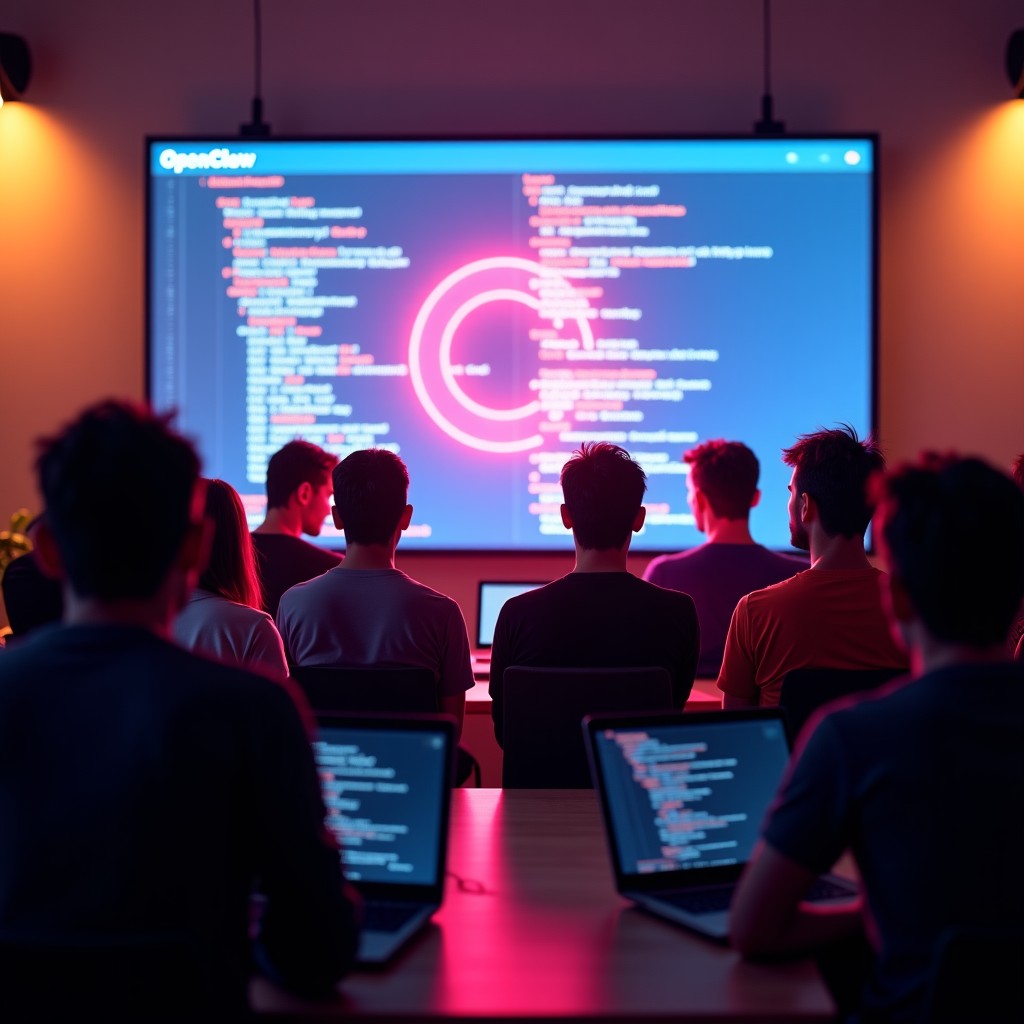 A diverse group of developers collaborating around a large glowing screen displaying open source code, OpenClaw logo subtly integrated into the background, warm and inspiring atmosphere, cinematic focus, 4:3