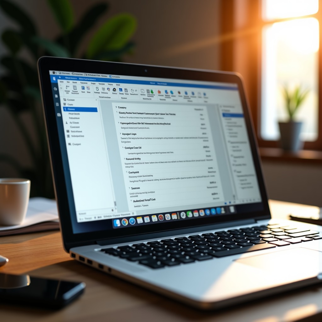A laptop screen displaying an open-source office suite with complex documents and spreadsheets, natural morning sunlight on a wooden desk, lifestyle photography, 4:3