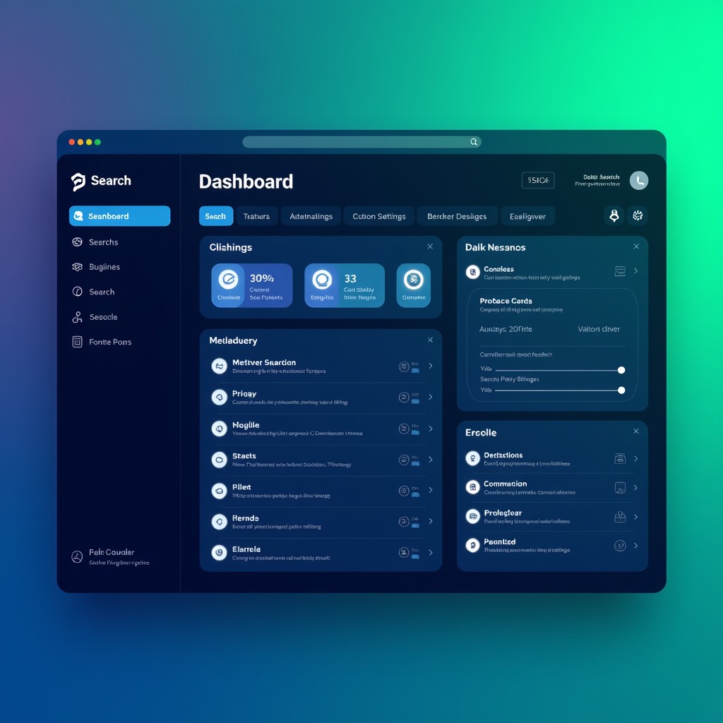 A high-tech dashboard interface showing search result management and data privacy settings. Clean infographic style with vibrant blue and green tones. 4:3