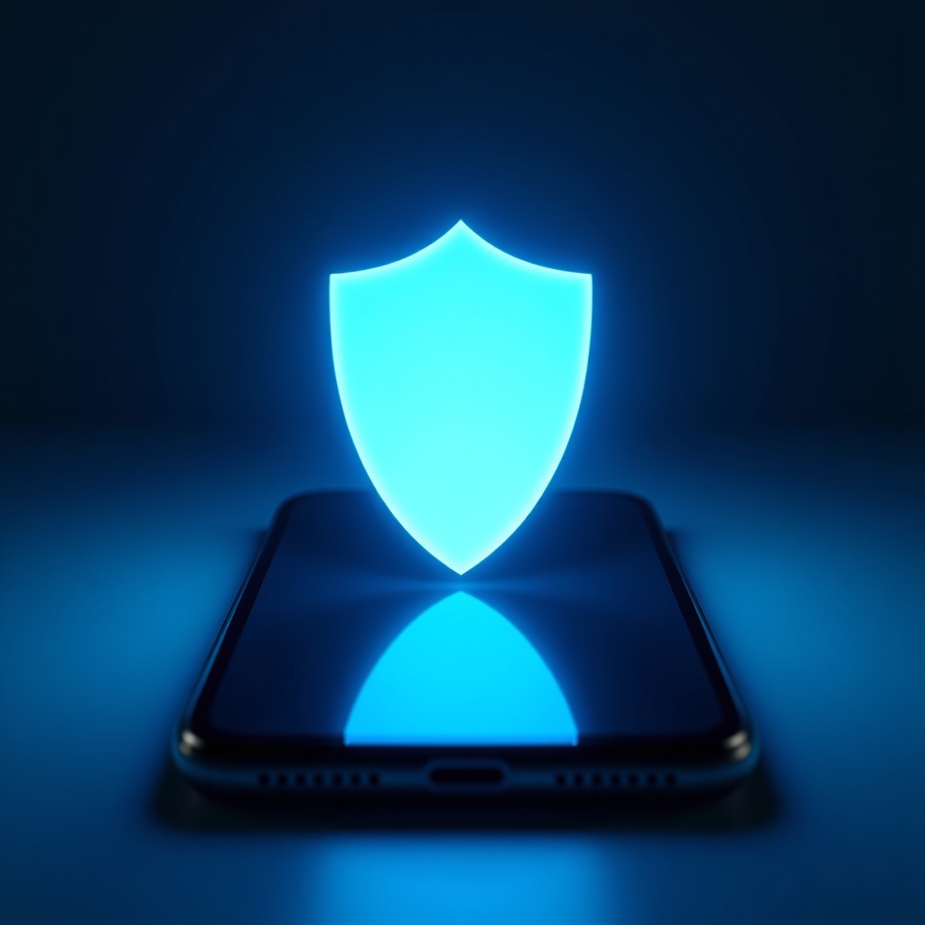 A digital shield icon displayed on a smartphone screen surrounded by soft blue light, representing online safety and protection, clean and modern design, 4:3