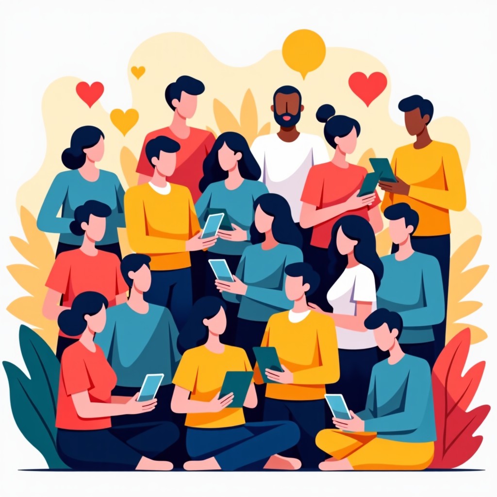 A diverse group of people using digital devices and interacting in a safe and positive online community environment. Bright and friendly atmosphere. 4:3