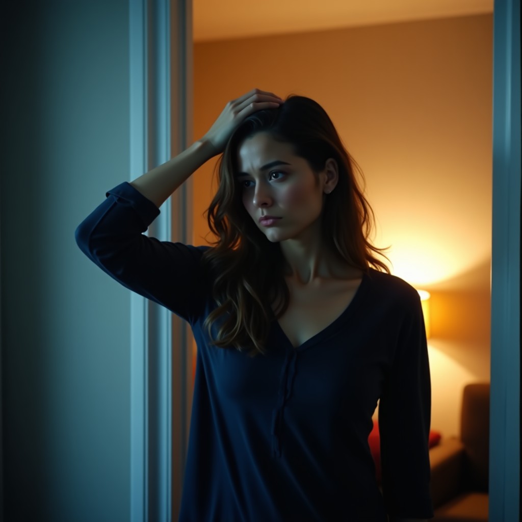 A woman looking distressed in a modern apartment, shielding her head from invisible signals, cinematic lighting, emotional atmosphere, 4:3