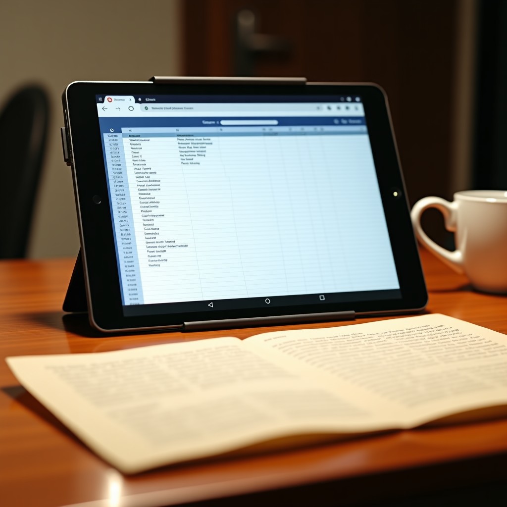 A tablet screen displaying a perfectly formatted spreadsheet and clean text extracted from an old paper document next to it, warm wooden desk environment, professional workspace photography, realistic soft shadows, 1:1
