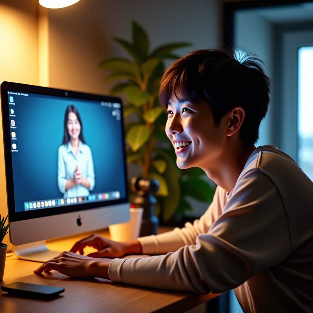 A cheerful young Korean video creator looking at a high-quality finished video on a laptop screen, warm office lighting, professional camera equipment in the background, happy expression, 4:3
