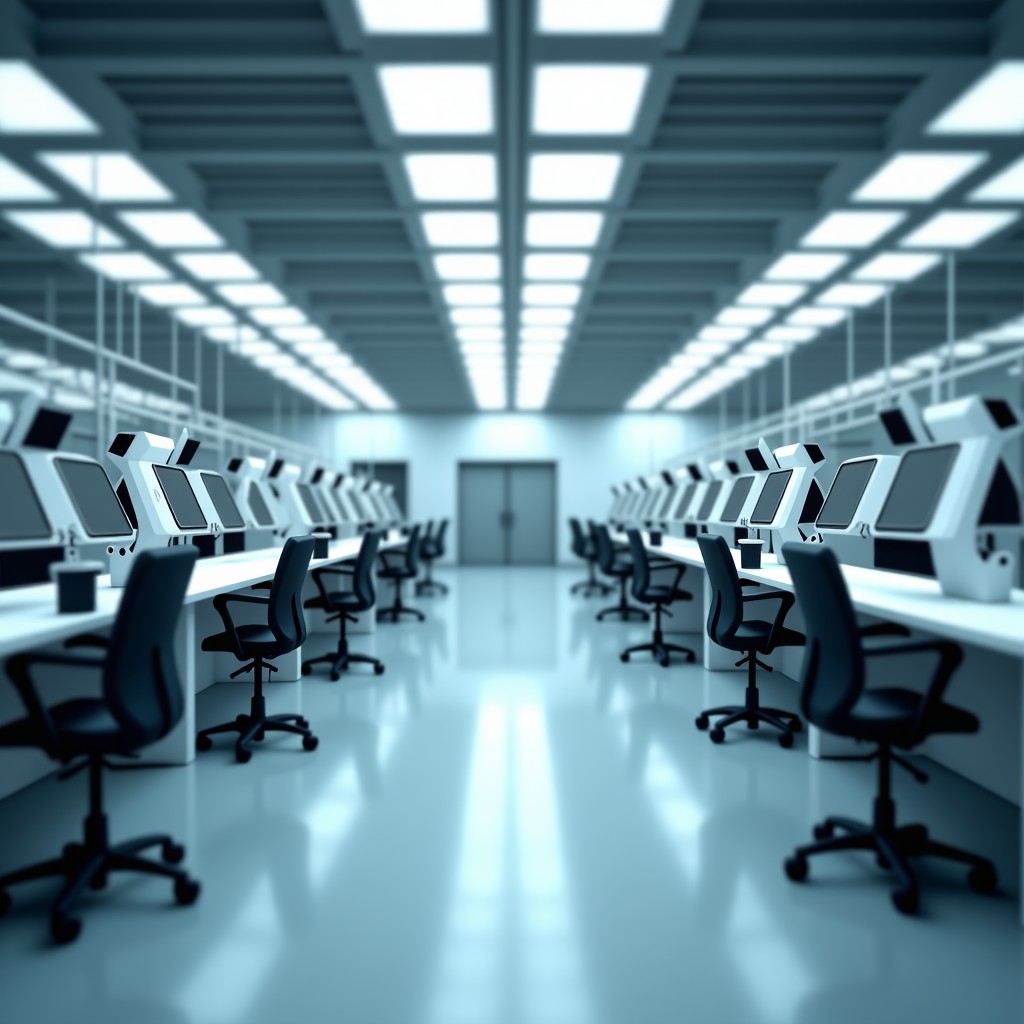 A wide view of a fully automated smart factory with multiple intelligent robots working together. Clean environment, soft natural light from ceiling windows, 1:1