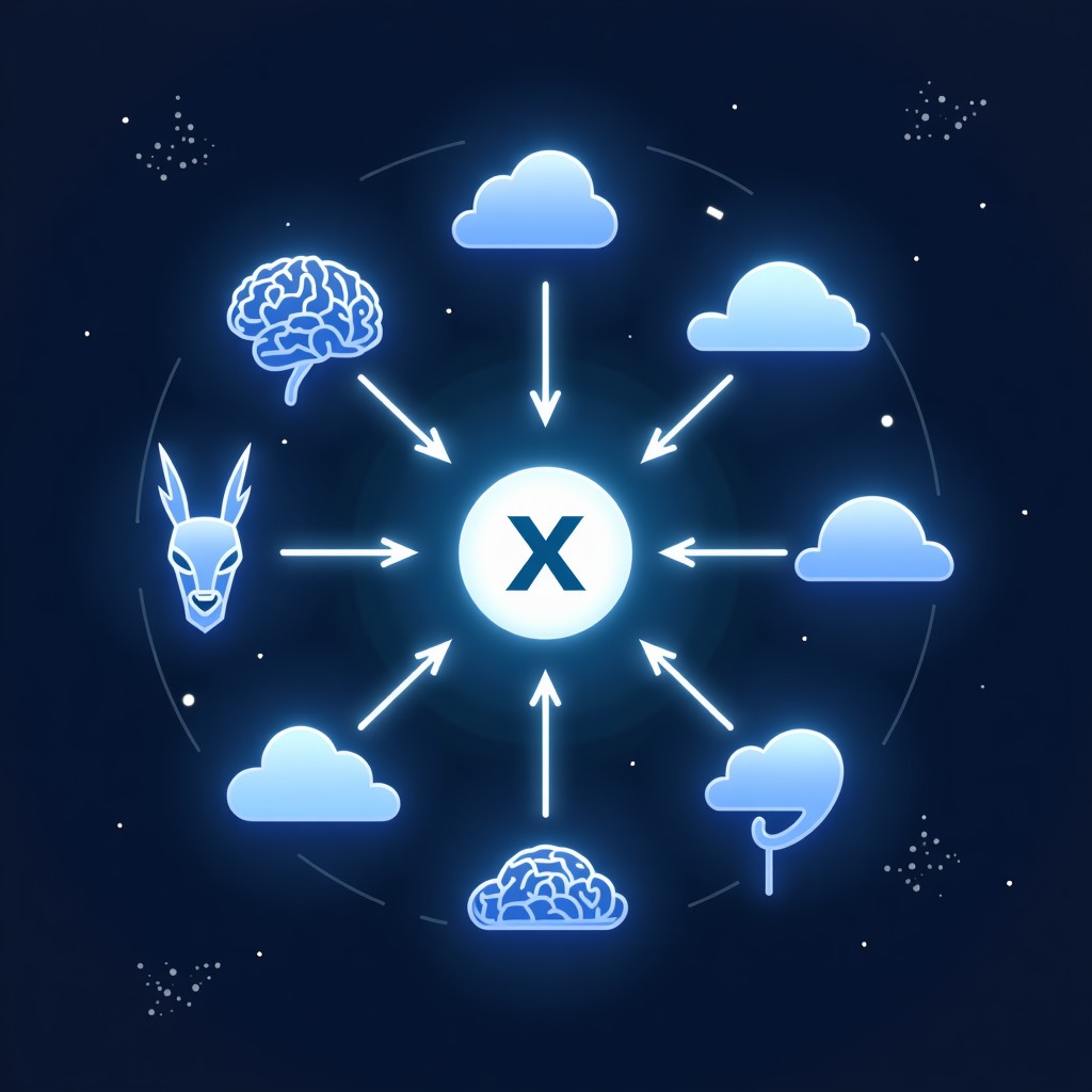 A clean and professional infographic style illustration showing the Model Context Protocol connecting a central Apple Xcode icon to various floating AI cloud brains representing Claude and OpenAI. The background is a dark blue gradient with glowing data lines, 4:3.