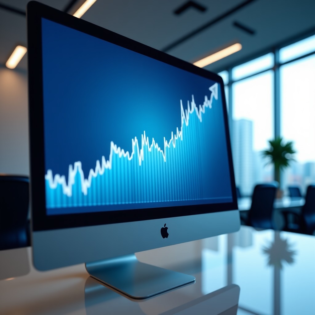 A clean and modern office environment with a large digital screen in the background showing a steady upward growth trend line. No text on the screen. Professional and bright lighting. 4:3