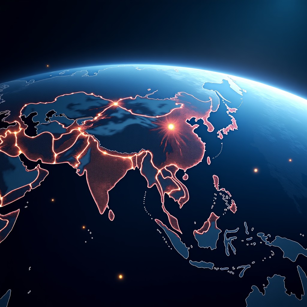 Earth seen from space at night with glowing network lines connecting major cities. Digital data particles floating around. High resolution, detailed, vibrant colors. 16:9