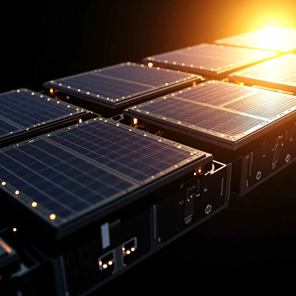 Close-up of a sophisticated space server module with expansive high-efficiency solar panels deployed. The panels reflect the golden sunlight in the void of space. The module has intricate metallic textures and heat dissipation vents. Realistic space environment, deep black background, sharp focus, 4:3.
