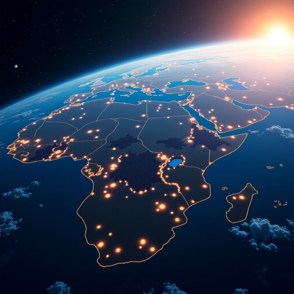 A futuristic orbital data center constellation surrounding the Earth, glowing with blue and gold server lights, massive solar arrays reflecting sunlight, cinematic lighting, high contrast, 16:9