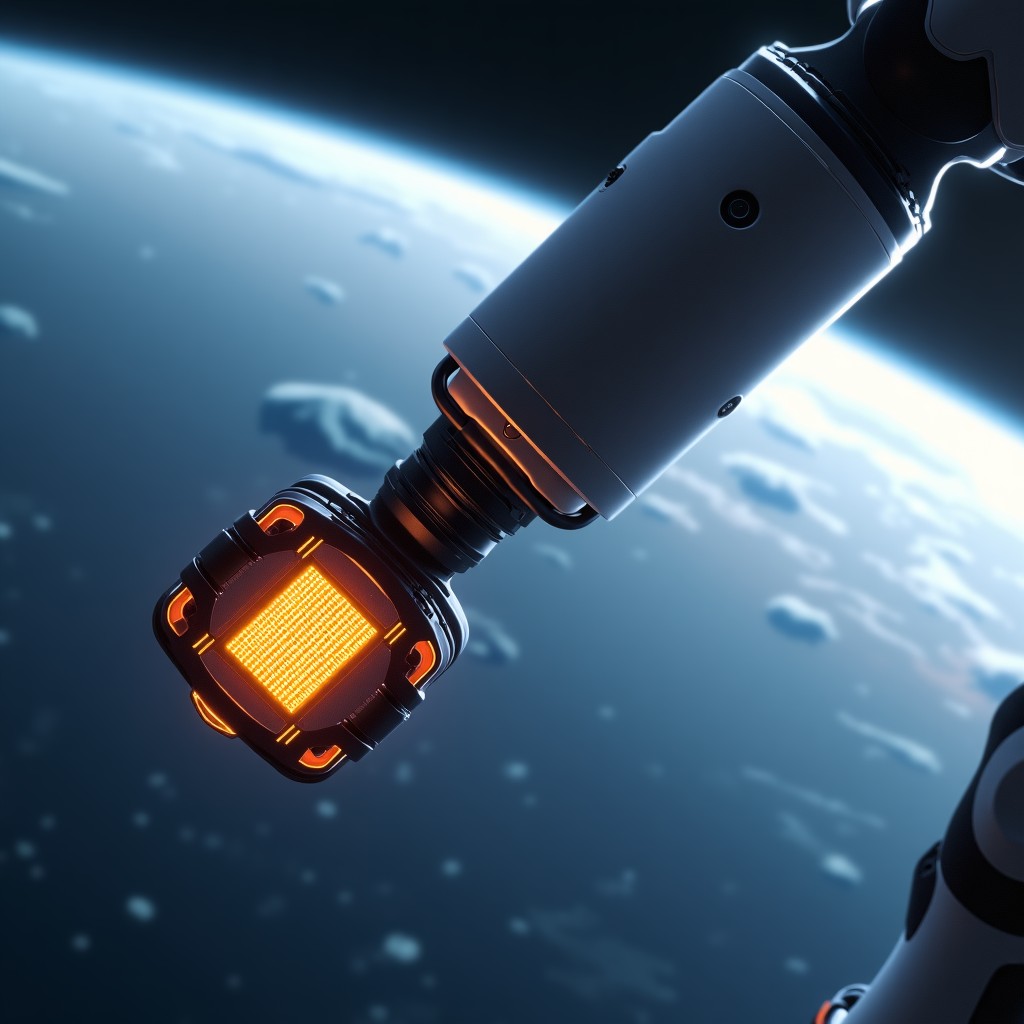 A detailed view of an advanced autonomous robotic arm servicing a satellite data center in orbit. The arm is holding a glowing GPU module. Earth is seen in the background with soft atmospheric glow. High-tech industrial aesthetic, realistic textures, cinematic lighting, 1:1.