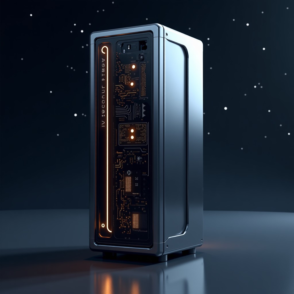 Futuristic space computer module with glowing circuits, dark space background with stars, sleek metallic design, high contrast, 1:1