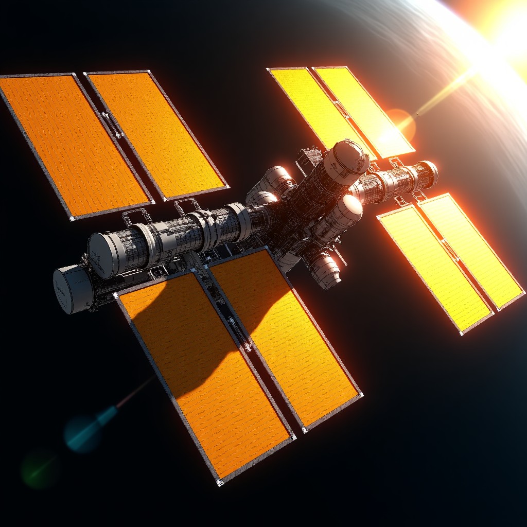 Detailed view of massive golden solar arrays attached to a space station module, intense sunlight reflecting off the metallic surface, deep space background, realistic 3D render, 4:3