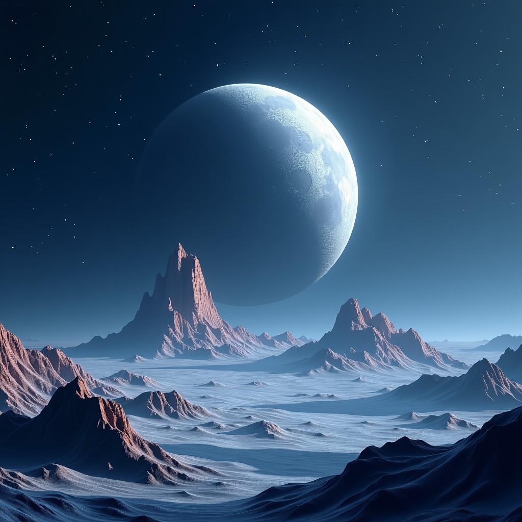 An artistic rendering of a moon base integrated with advanced AI technology. Ethereal lighting, starry background, representing the intersection of space exploration and artificial intelligence. Textured background. 4:3