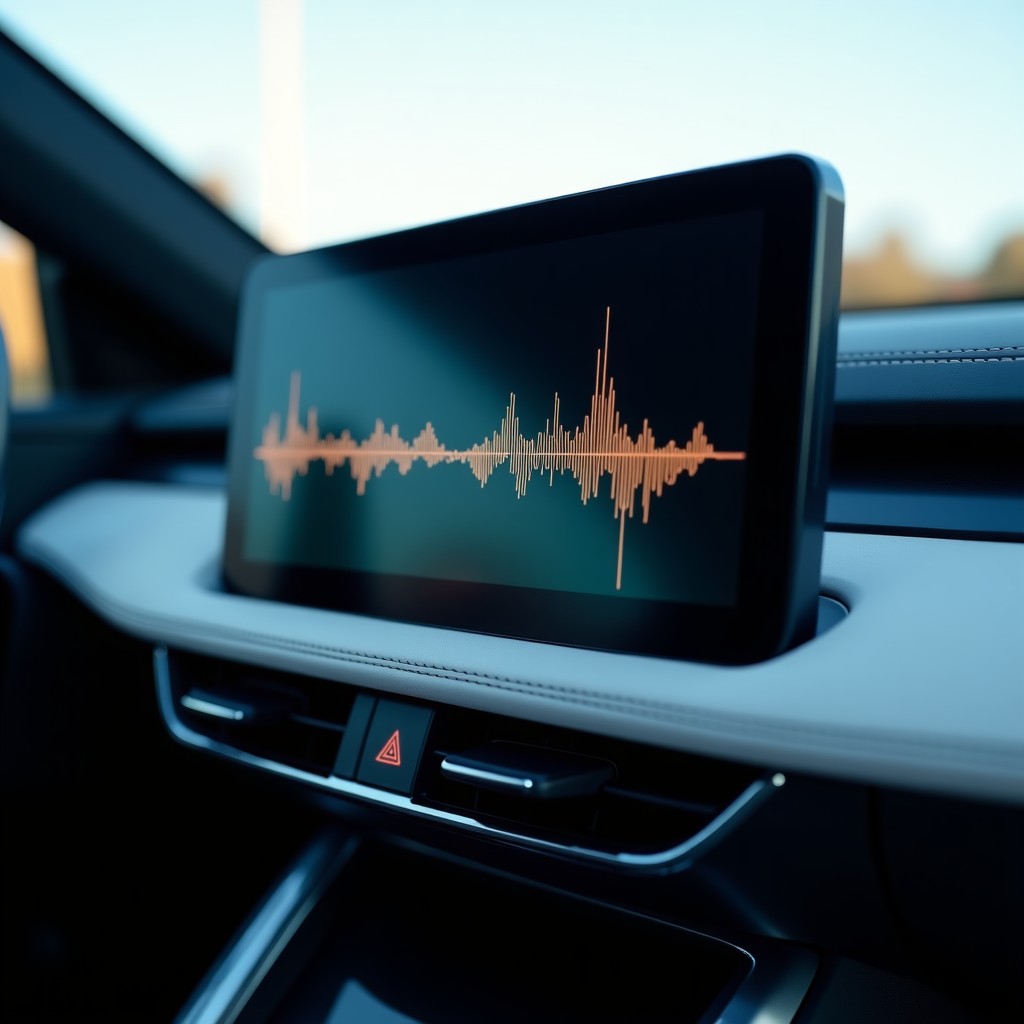 Close-up of a high-resolution car display showing a voice assistant waveform during a conversation with an AI chatbot, sleek automotive design, focus on technology, 4:3