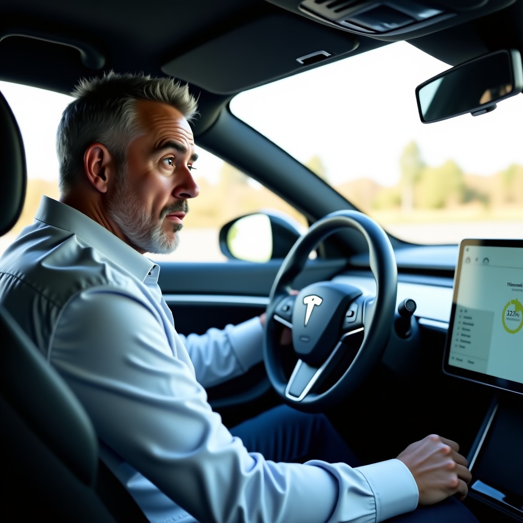 A middle-aged man sitting in the driver's seat of a high-tech electric vehicle, looking surprised and slightly confused at the dashboard screen, natural daylight, realistic photography, 4:3