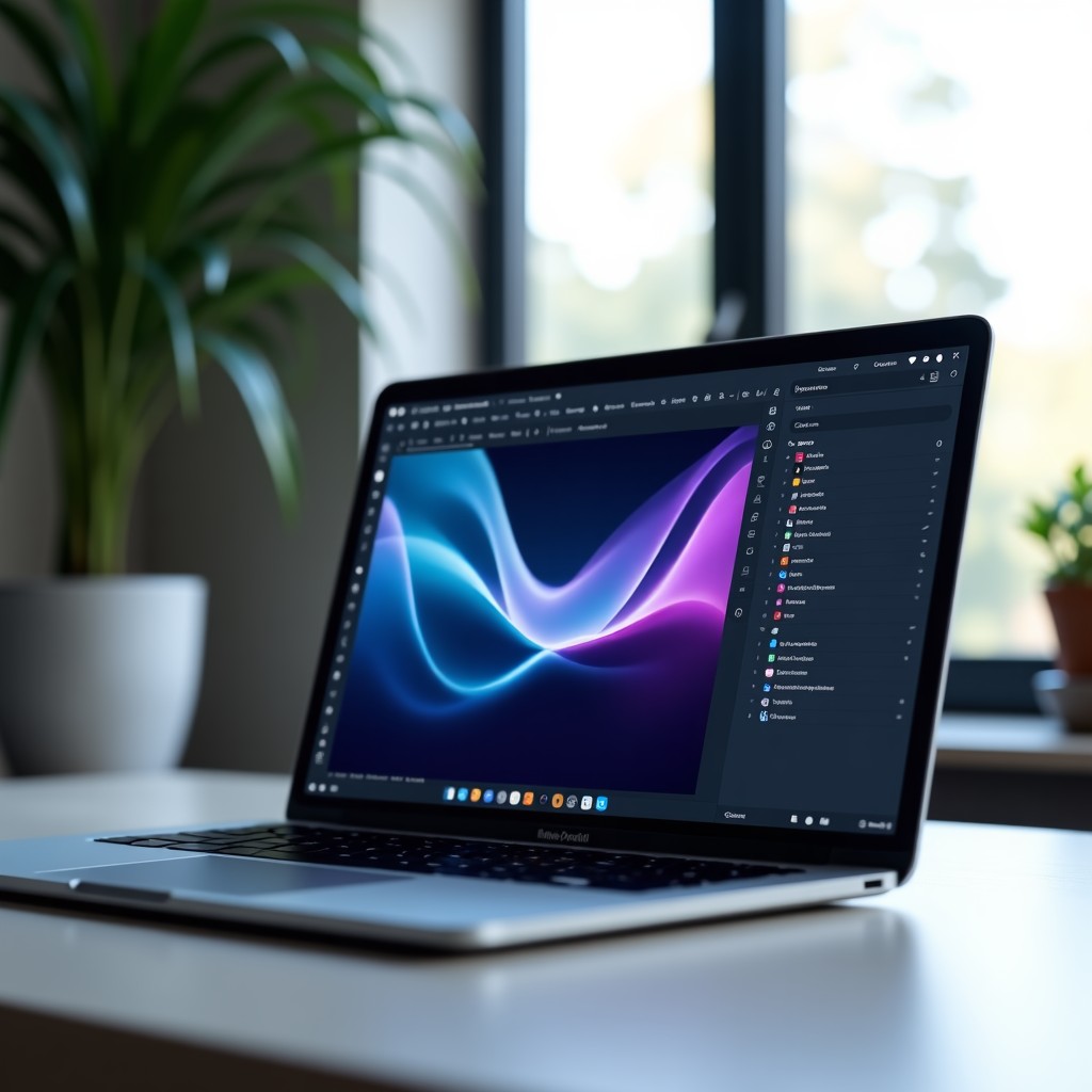 A modern and clean workspace with a high-end laptop showing the WordPress site editor. On the side of the screen, a futuristic and sleek AI sidebar assistant is visible with glowing blue and purple accents. The background is a minimalist home office with natural lighting. 4:3