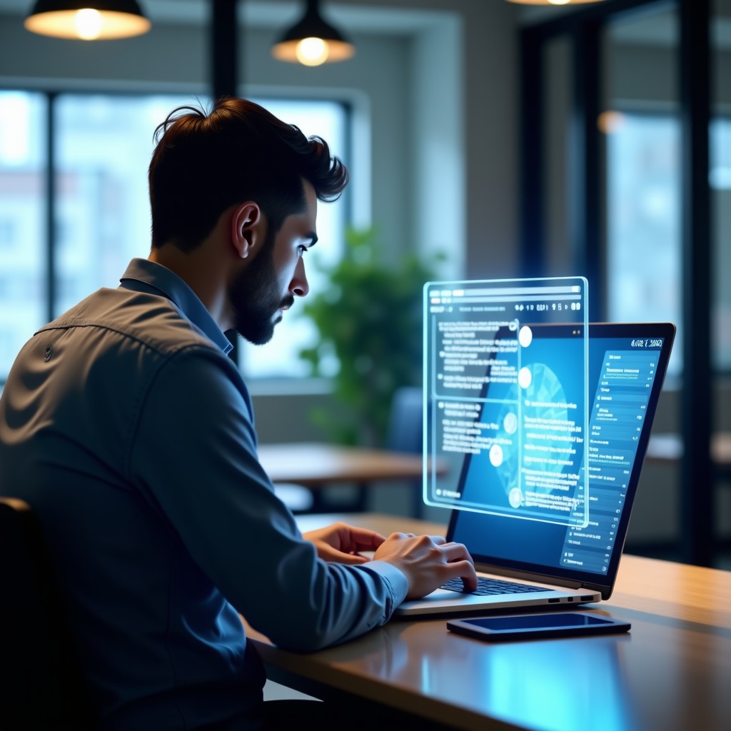 A professional person sitting at a modern desk with a laptop, interacting with a futuristic digital AI assistant interface overlaying a website editor, soft studio lighting, clean office environment, 4:3