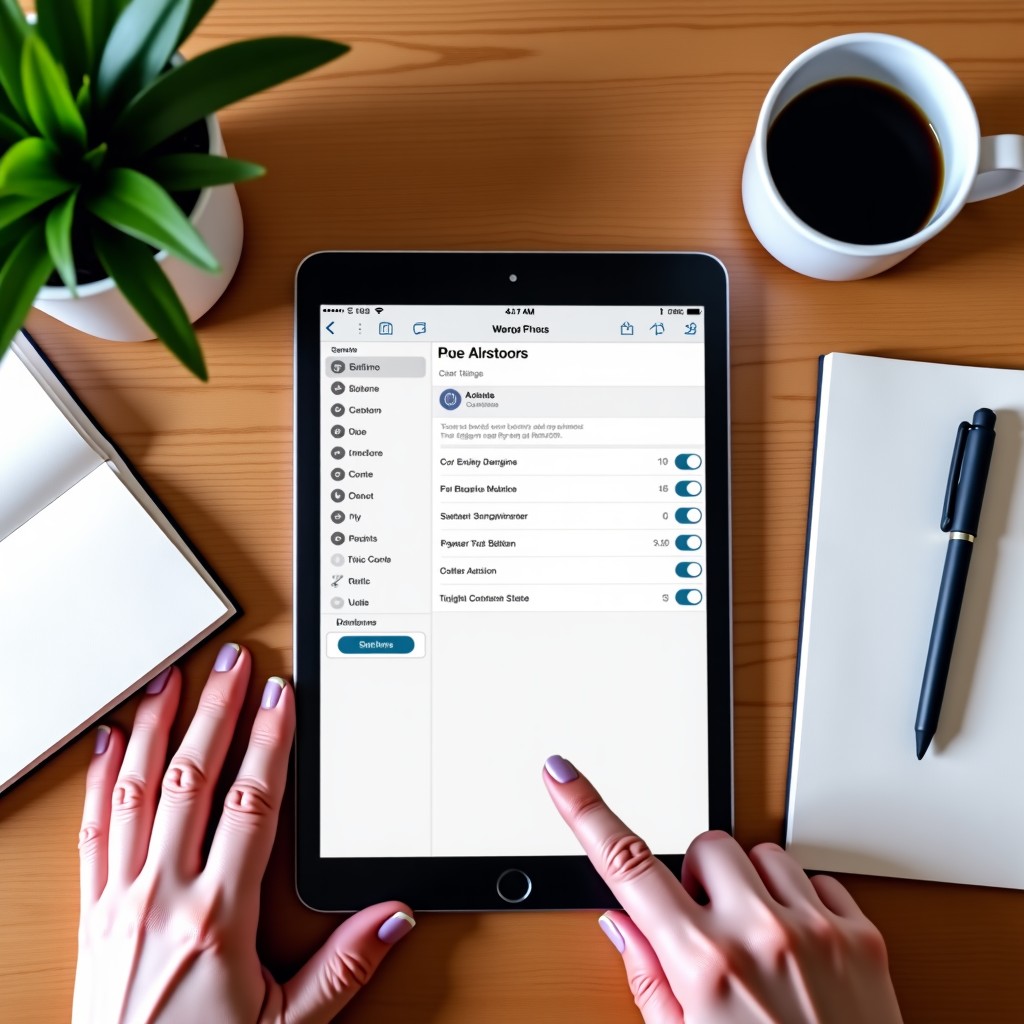 A flat lay of a tablet on a wooden desk. The screen shows the WordPress settings dashboard with a finger touching a toggle switch labeled AI Tools. Next to the tablet is a cup of coffee and a notebook. 1:1