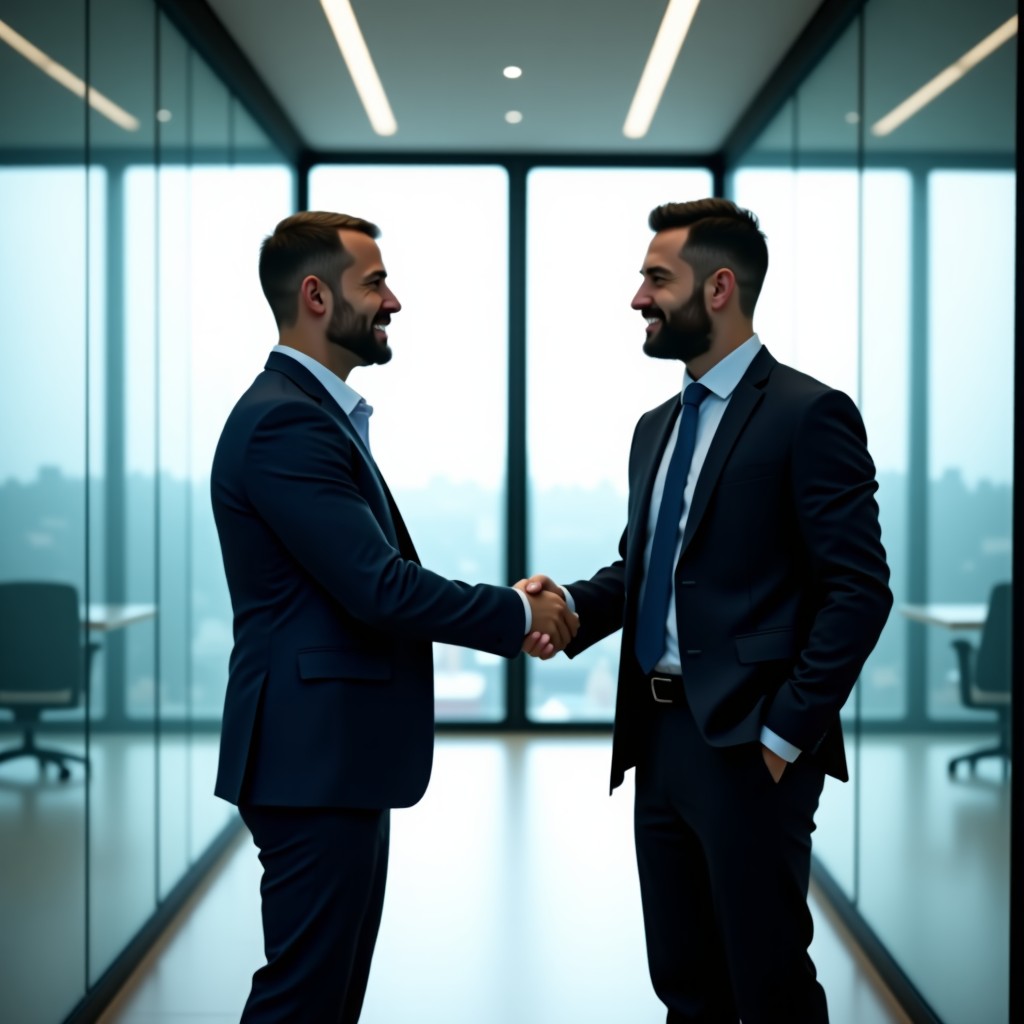 A professional and clean office setting depicting a corporate leadership transition. Two confident business leaders in suits shaking hands or standing in a modern glass-walled boardroom. The environment is bright and high-end, representing the enterprise software industry. No text, high contrast, 4:3