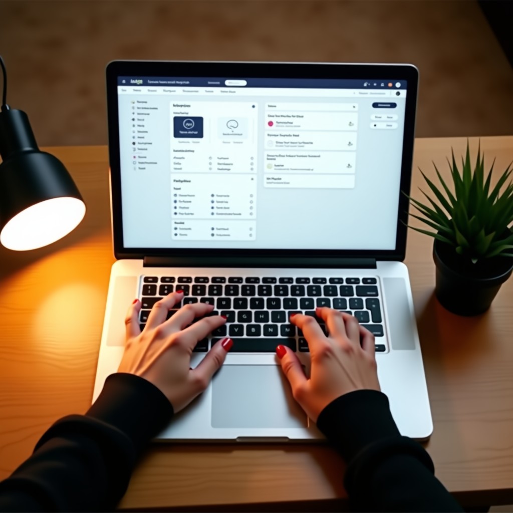 A top-down view of a designer using a web-based app builder tool on a sleek laptop, minimalist user interface displayed on screen, warm indoor lighting, 4:3