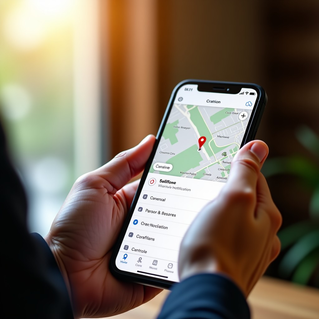 Close up of hands interacting with a smartphone screen showing a map interface and a menu for setting location notifications. Warm indoor lighting. Natural setting. 1:1