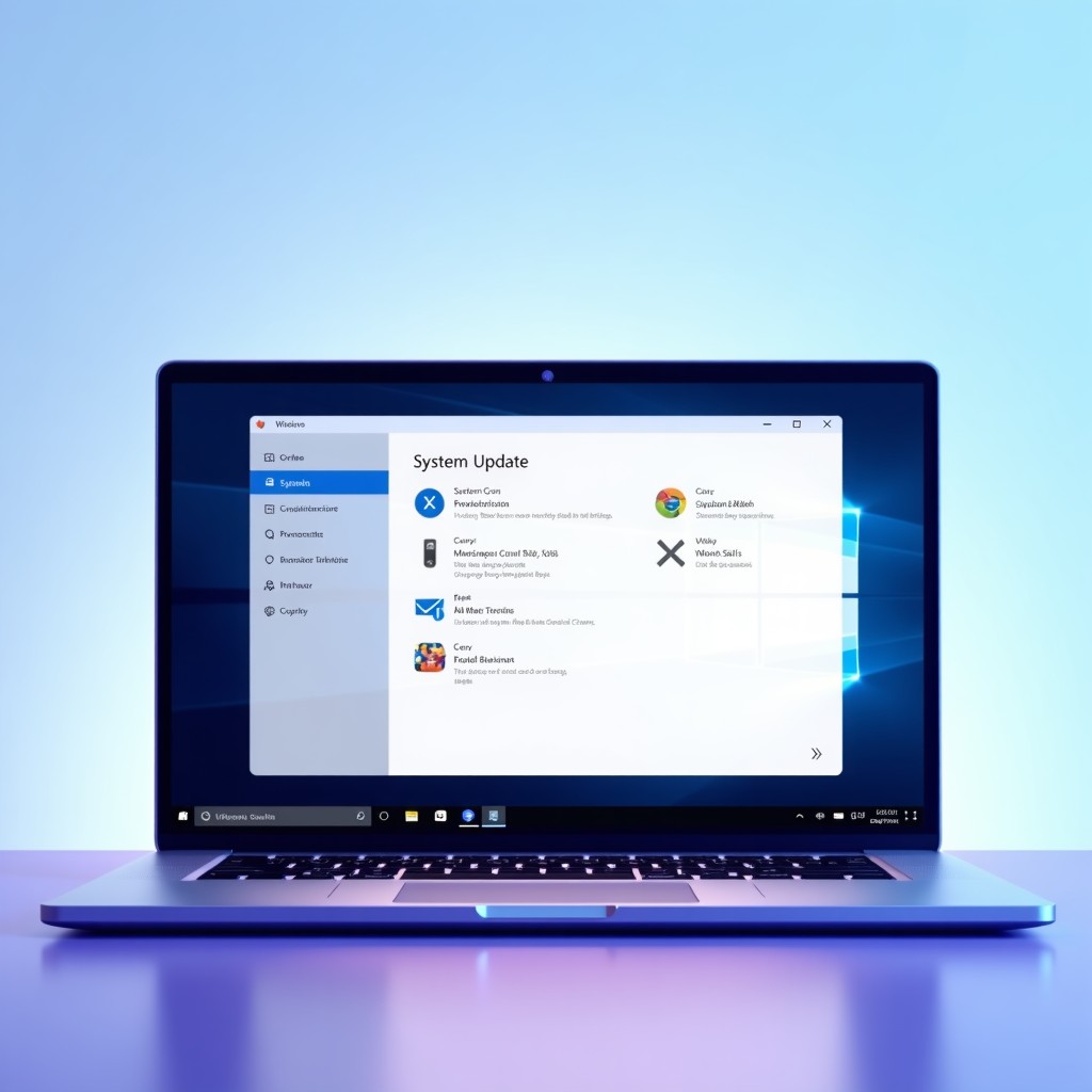A clean and modern infographic showing the Windows 11 interface on a sleek laptop screen with a focus on system update settings. The background is a soft blue and purple gradient with subtle tech patterns. No text or characters. High contrast and professional layout. 1:1