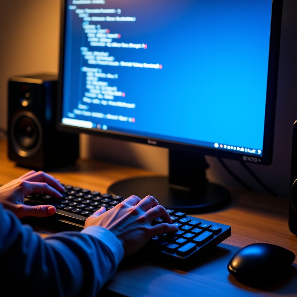 A person hands typing on a mechanical keyboard with a computer monitor showing a blue PowerShell terminal screen, cinematic lighting, 4:3
