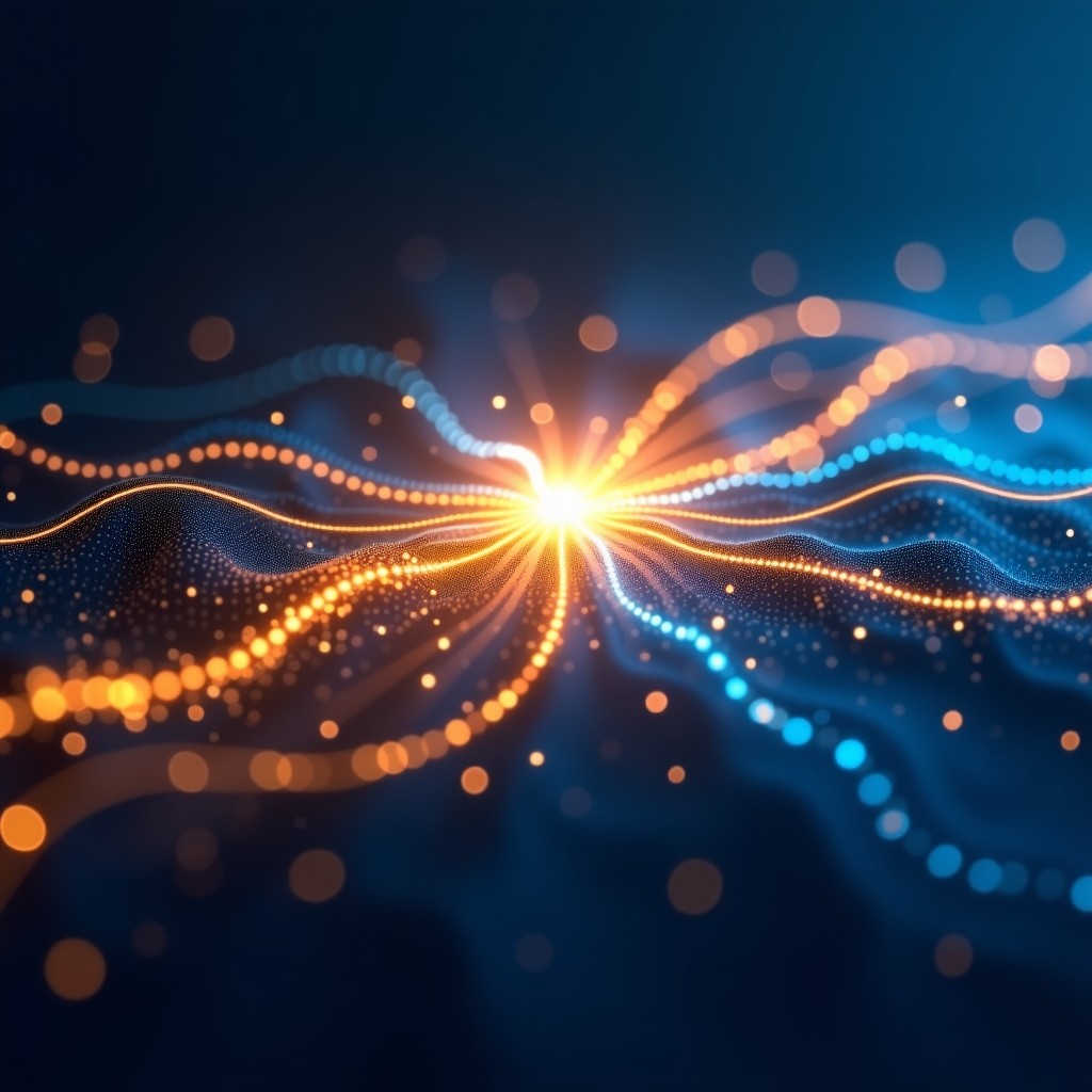 Abstract representation of golden and blue data streams flowing together into a central glowing hub. Digital particles, networking concept, clean and professional design, high resolution, 4:3