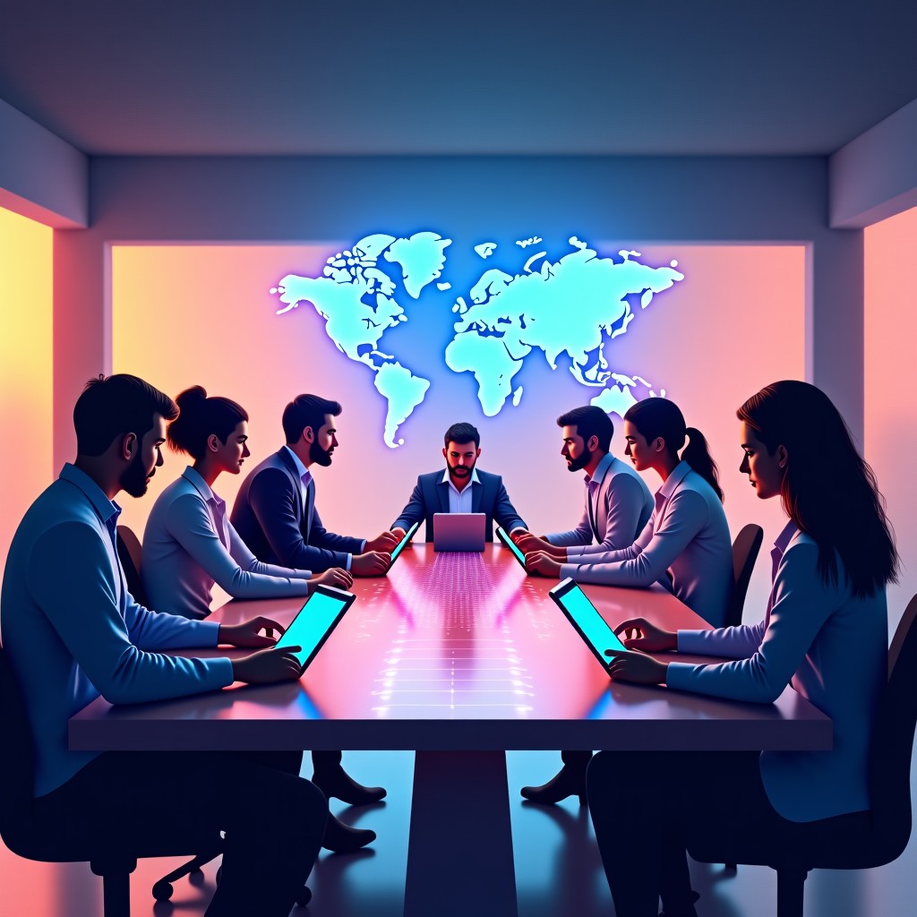 An artistic rendering of diverse professionals in a bright modern office collaborating over digital tablets and holographic displays, showing the concept of European tech unity. Vibrant and textured background, 4:3.
