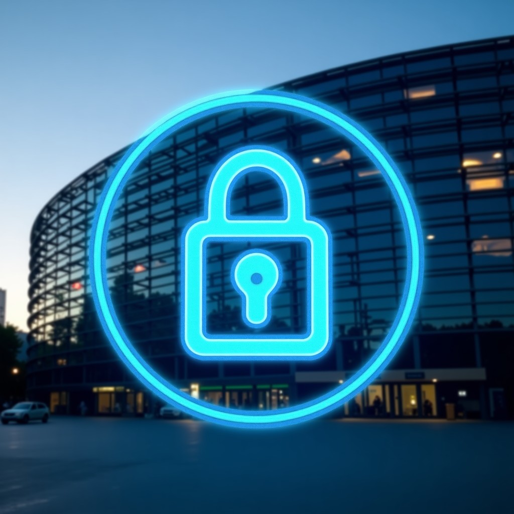 The European Parliament building in Strasbourg with a digital padlock icon overlay, professional architectural photography style, 4:3