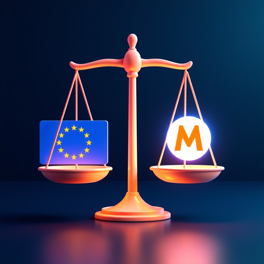 A digital illustration of the European Union flag and the Meta logo positioned on opposite sides of a glowing justice scale. Modern tech atmosphere, high contrast, 1:1