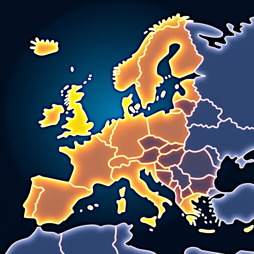 A conceptual illustration showing a stylized map of Europe glowing with interconnected digital nodes and fiber optic lines, symbolizing technological sovereignty and independence from global tech giants. Modern infographic style with high contrast blue and gold colors, 4:3.