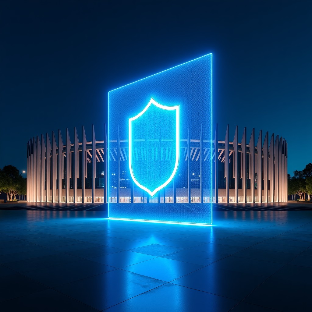A wide shot of the European Parliament building in Brussels with a semi-transparent blue digital shield overlaying the structure, symbolizing cybersecurity and protection, cinematic lighting, professional photography, high resolution, 4:3