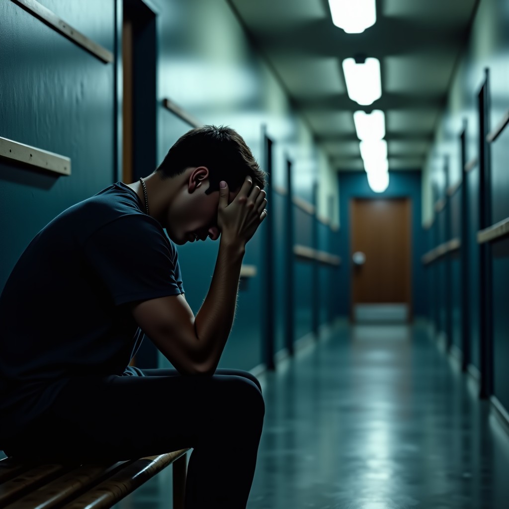 A young man sitting on a wooden bench in a dimly lit police station hallway, looking down with a hand on his forehead, reflecting distress and exhaustion. Moody cinematic lighting. 4:3