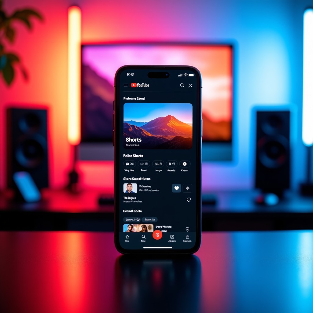 A smartphone displaying the YouTube Shorts interface with an overlay of AI music editing tools. The background is a vibrant creative workspace with colorful LED lighting. Modern lifestyle photography, centered focus. 4:3