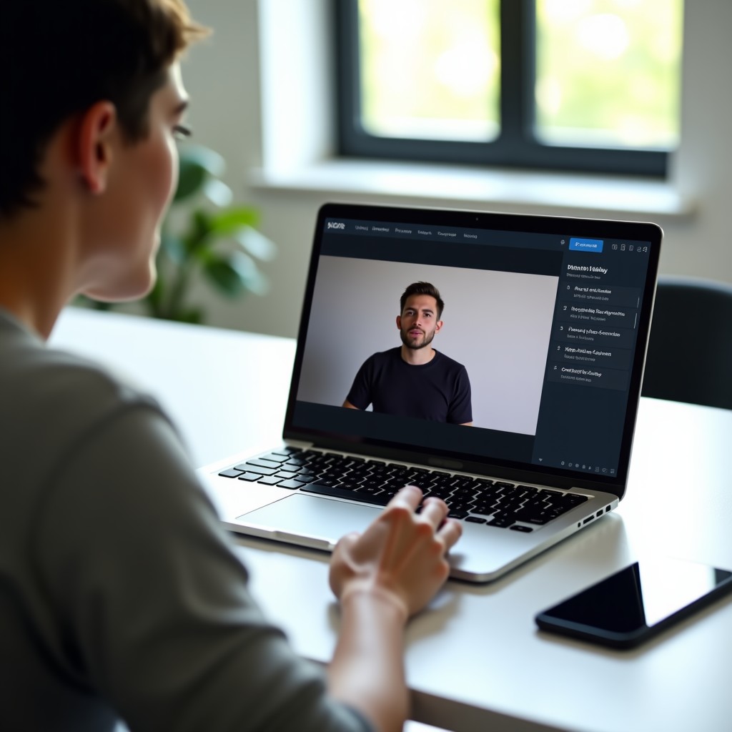 A modern person sitting at a minimalist desk with a laptop and a smartphone. The laptop screen shows a video player and a side panel with summarized text bullet points. Clean bright home office interior, high quality photography, natural lighting, 4:3.
