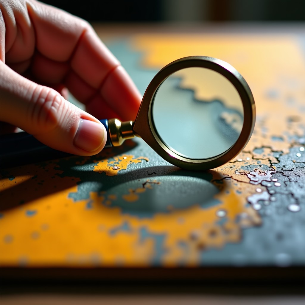 A close-up lifestyle photograph of a hand holding a vintage magnifying glass over a cracked oil painting surface. The textures of the paint and fine details of the brushwork are highlighted under warm lighting. 4:3