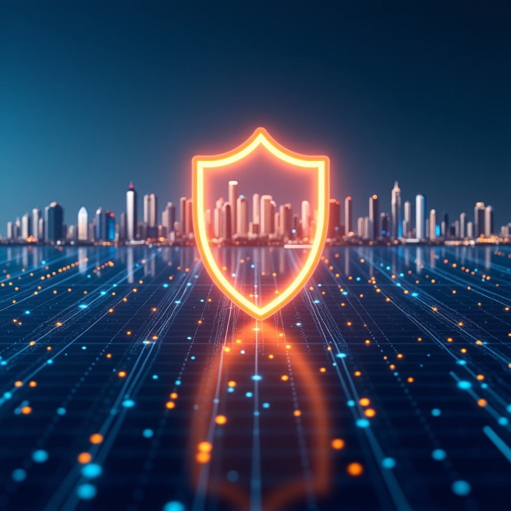 A glowing digital shield protecting a modern city skyline from a dark electronic grid, high contrast, vibrant blue and amber tones, modern layout, 1:1, NO TEXT