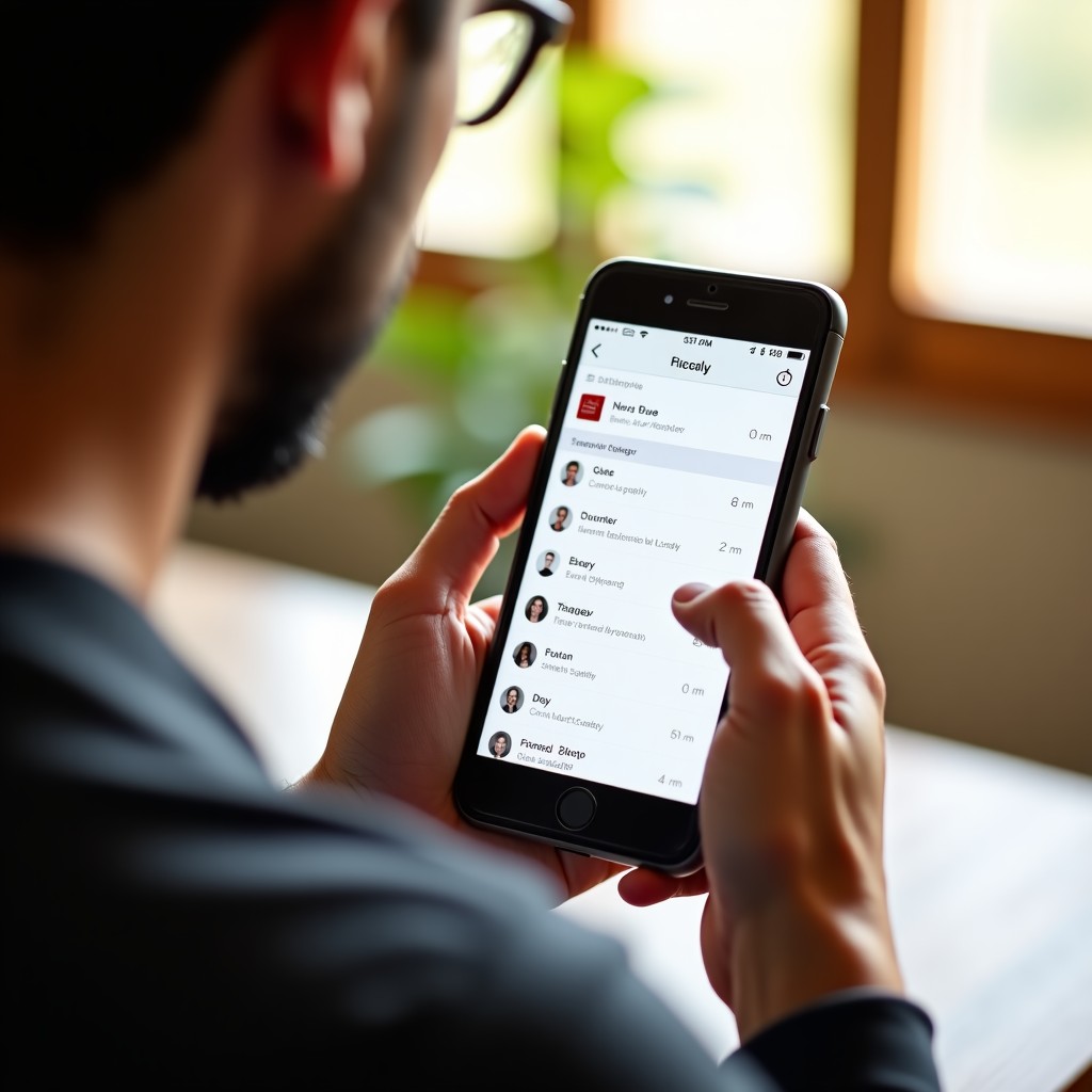 A person looking at a smartphone screen that displays a detailed digital calendar and reminder notifications. The room is bright and natural with a lifestyle photography vibe. warm lighting. 4:3