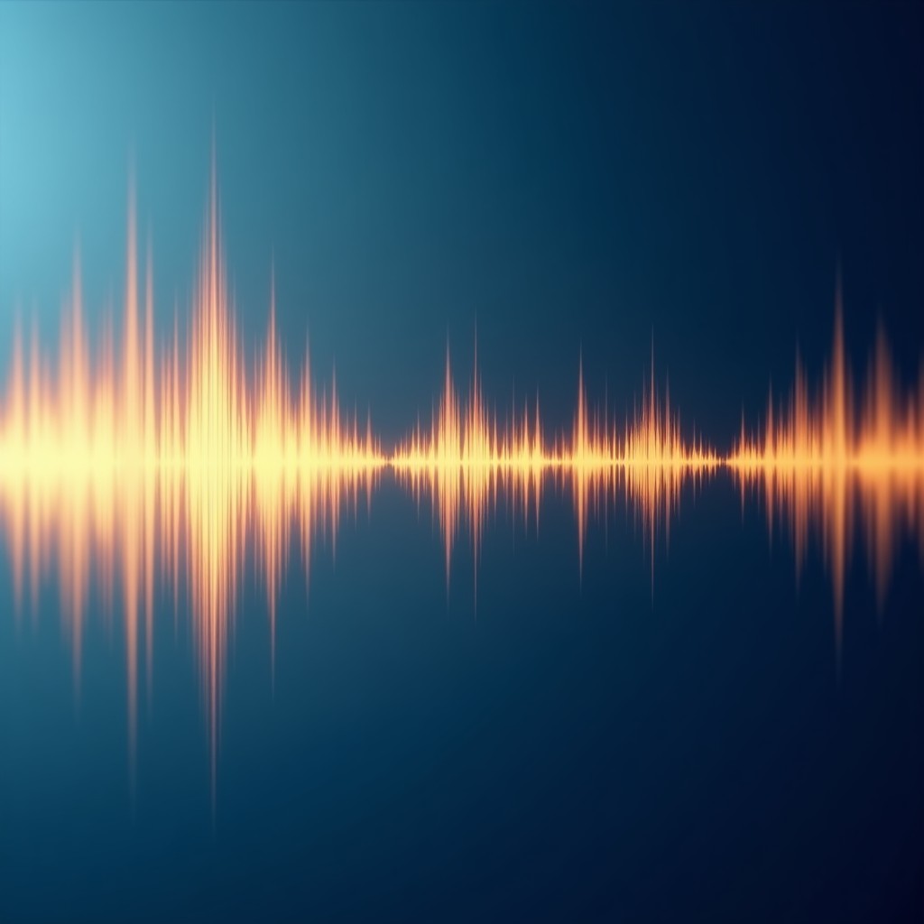 Abstract representation of sound waves and speech patterns in soft blue and gold tones, conveying a sense of friendly communication and digital analysis, artistic and tech-oriented background. 4:3