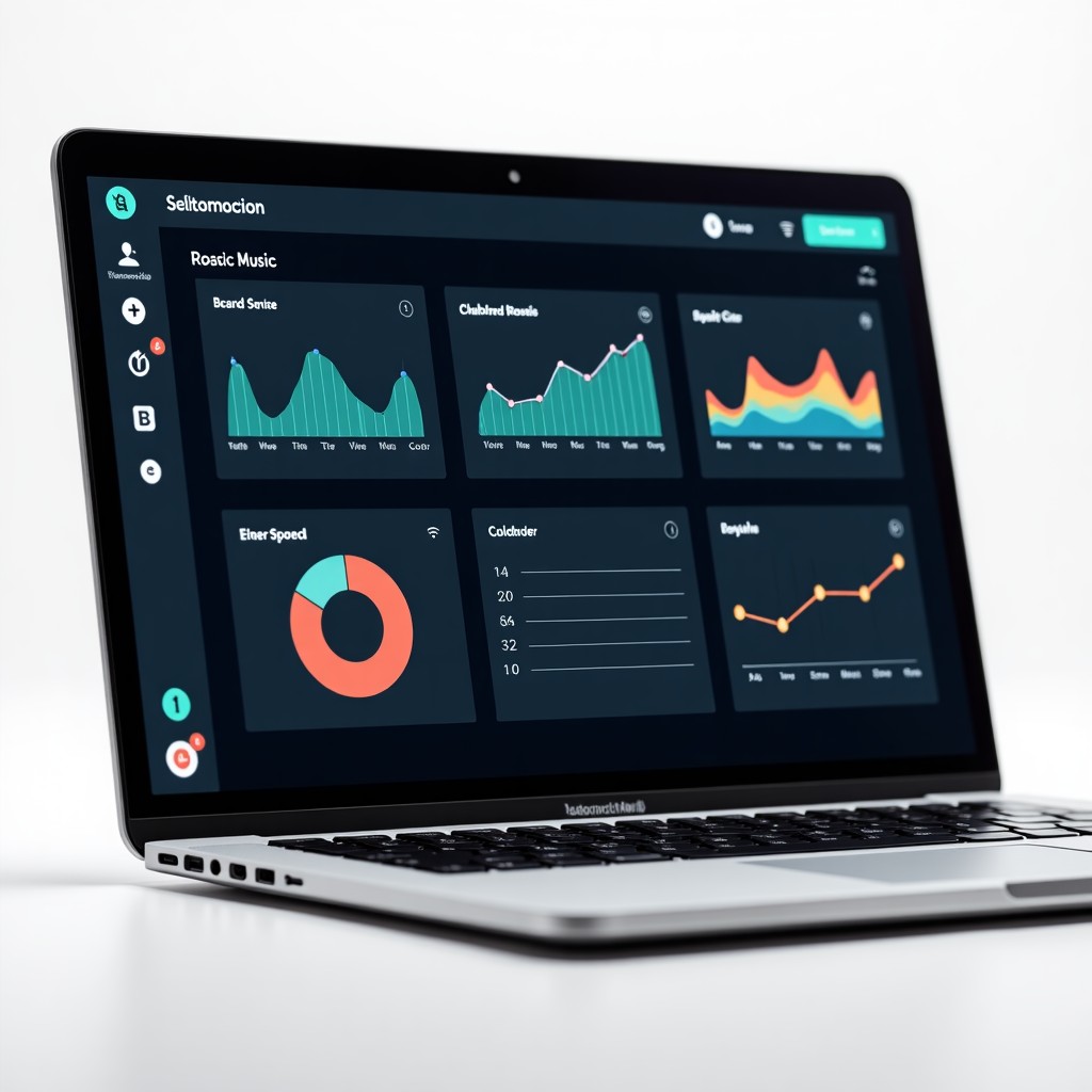 A modern music technology platform interface displayed on a sleek laptop screen showing various royalty charts and music notes, high contrast, clean and professional infographic style, 4:3