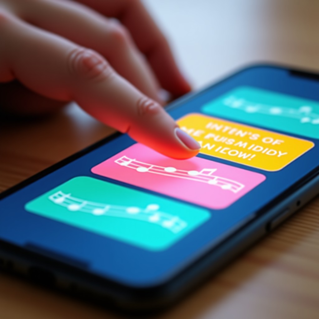 Close-up of a hand swiping through colorful digital story cards on a smartphone screen. The cards show abstract musical notes and text-like patterns. Modern and clean UI design. 1:1
