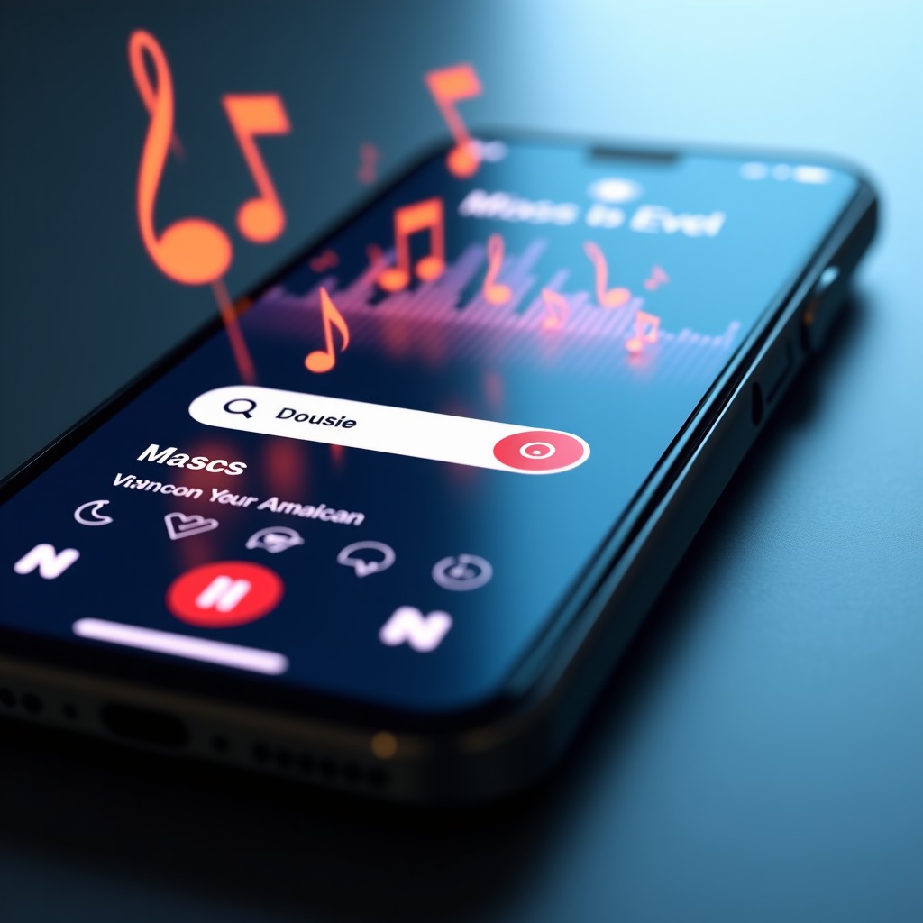 A close up of a smartphone screen showing a music app interface with a text search bar, digital music notes floating around the device, high contrast, modern design, 4:3