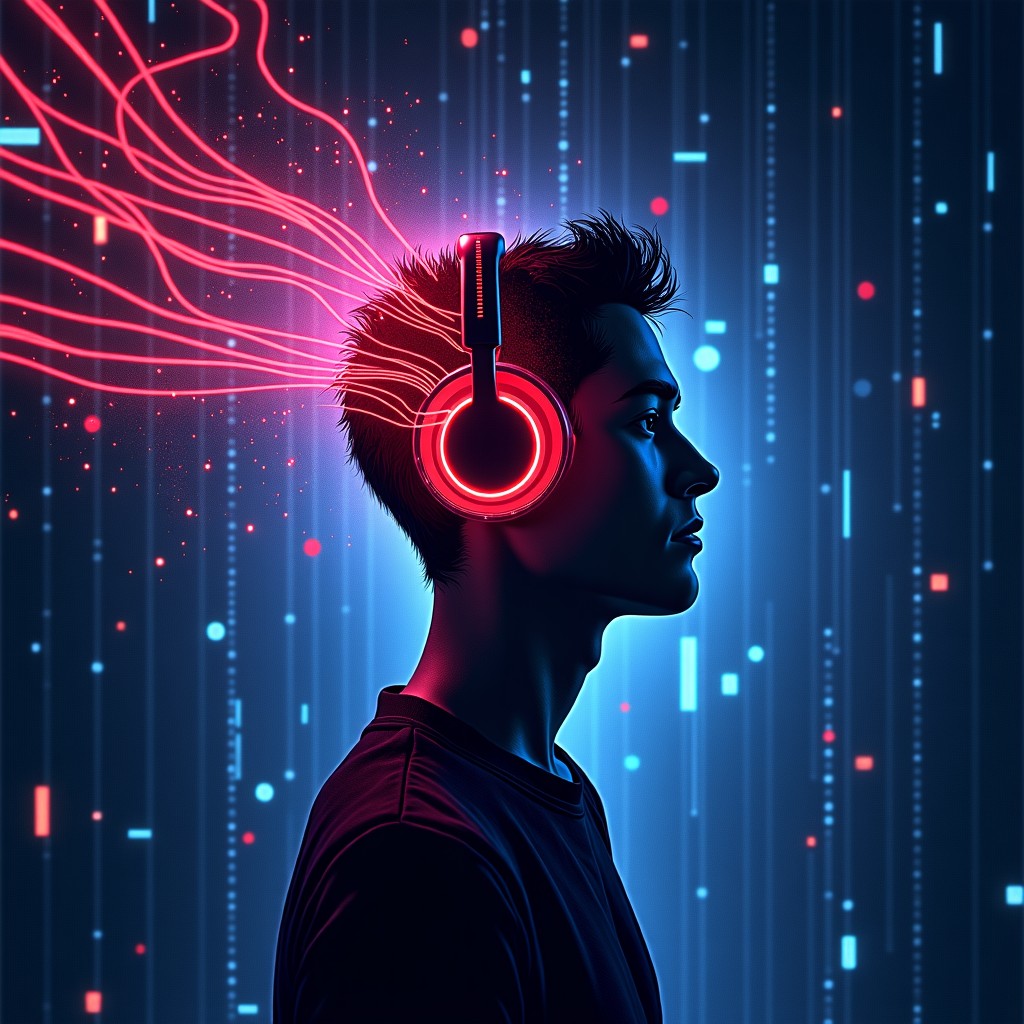An artistic rendering of a human silhouette wearing headphones, with vibrant neon lines representing music streaming into their mind. The background is a dark textured space with glowing binary codes and musical symbols. Artistic rendering, textured background, visually rich. 1:1